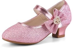 PANDANINJIA Christy Girls Heels Dress Shoes Mary Jane Rhinestone Bows Pumps Low Heel Princess Flower Wedding Party for Toddler Little Kid