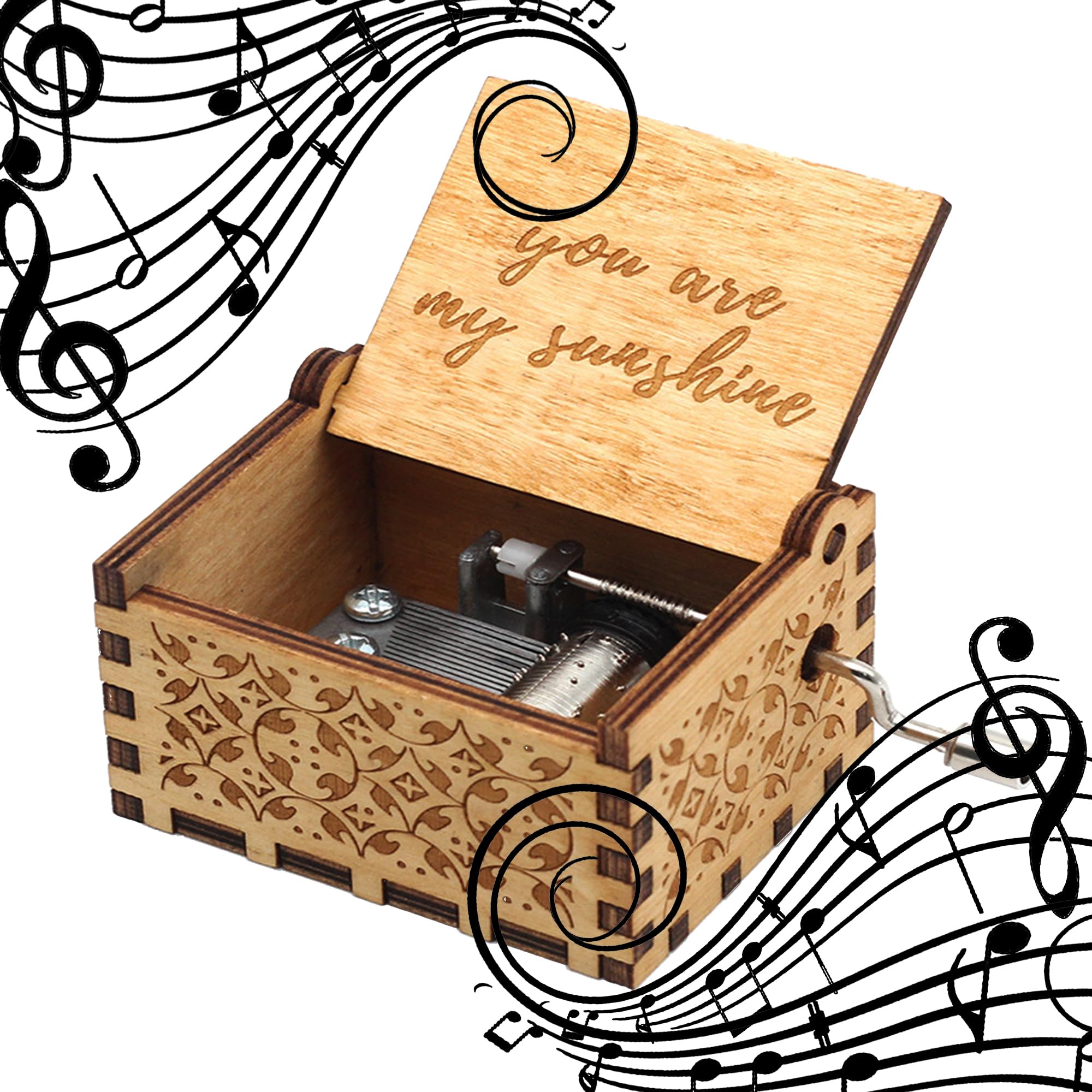 MINGZE Wooden Music Box - Hand Crank Musical Box, A variety of styles Hand Engraved Wooden Music Box, for Home Decoration Crafts Birthday Gift (you are My Sunshine)