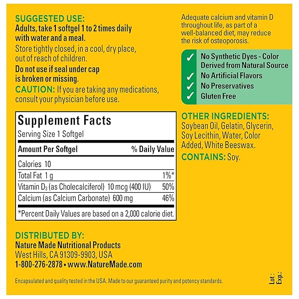 NATURE MADE CALCIUM 600 MG WITH VITAMIN D3, DIETARY CALCIUM SUPPLEMENT FOR BONE SUPPORT, 100 SOFTGELS