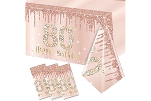 Excelloon 3 Pack 80th Birthday Tablecloth Decorations, Pink Rose Gold Happy 80 Birthday Table Cover, Plastic Disposable Rectangular Table Cloth Decor