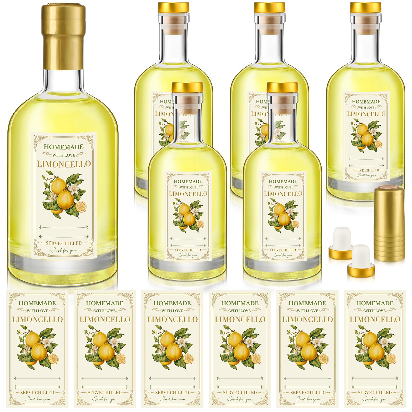 Photo 1 of Funnymoom 6 Set 12.7 oz Limoncello Glass Bottles Gift with Airtight Lid Cap Homemade Limoncello Bottles with Labels Cork Stopper for Home Brewing Beer Beverages Liqueur Wedding Baby Shower