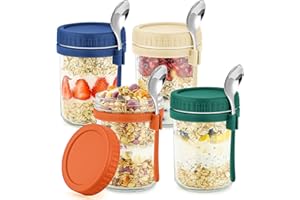 DRKIO 4 Pack Glass Overnight Oats Containers with Lids and Spoons 16 Oz Mason Jars for Overnight Oats Jars Leak Proof Oatmeal Container Meal Prep Jar for Cereal Fruit Vegetable Milk Salad Yogurt