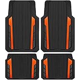 CAR PASS Heavy Duty Rubber Car Mats Metallic, Aluminum Film All Weather Floor Mats Waterproof Universal Trim to Fit SUVs Sedans Vans 4 Piece Anodized Deep Dish Two-Tone Sporty Black Orange Chrome