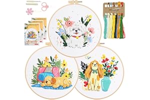 RidaaFri Embroidery Kit for Beginners Set of 3, DIY Hand Stamped Embroidery Kits for Adults, Kids and Starter with Dogs, Floral, Plants Patterns, Step by Step Instructions and Video Tutorial