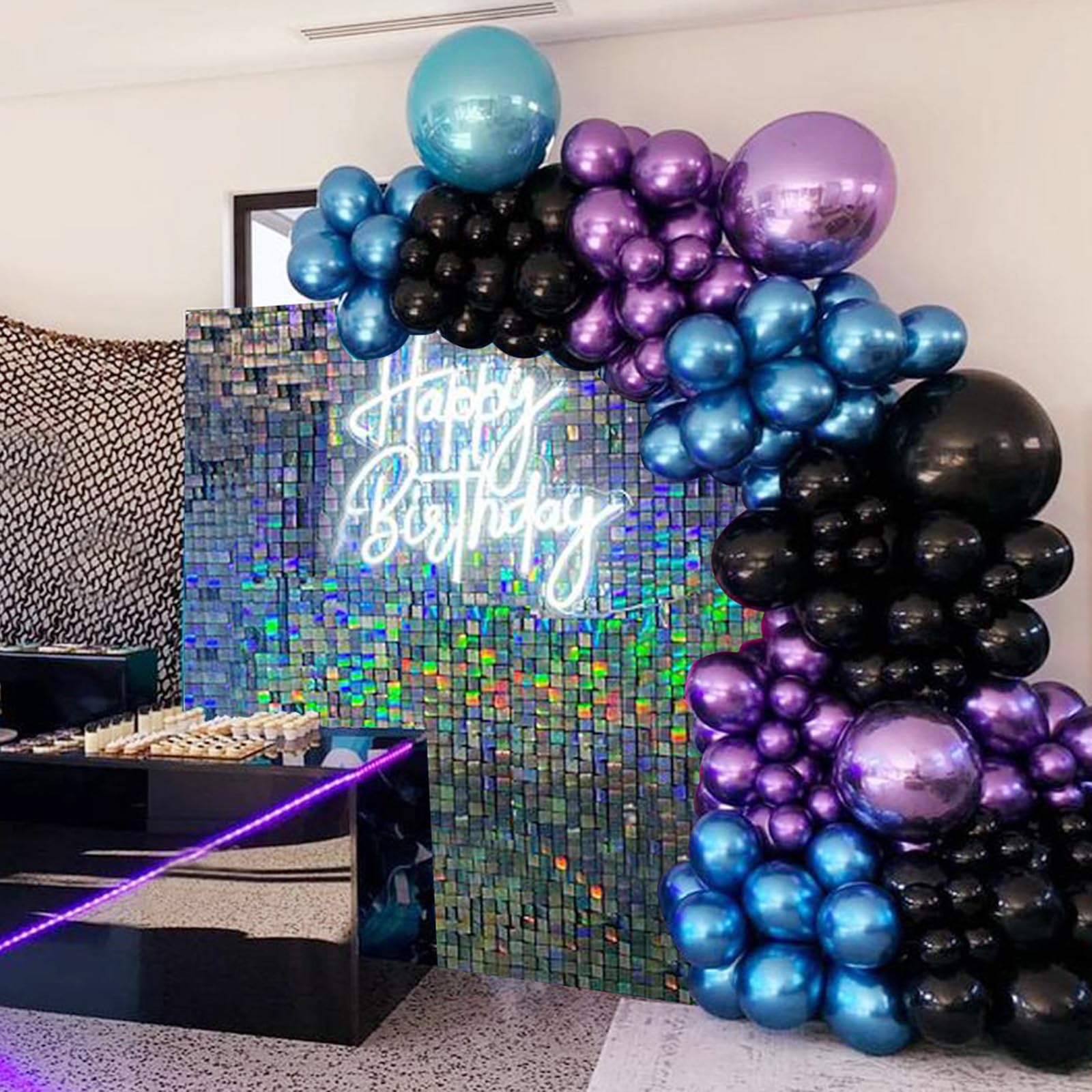 Photo 1 of FLOHUAER Metallic Chrome Black Purple Blue Balloons Arch Kit,114pcs Galaxy Balloon Garland Kit for Birthday Graduation Baby Shower Video Game Party Outer Space Party Decorations