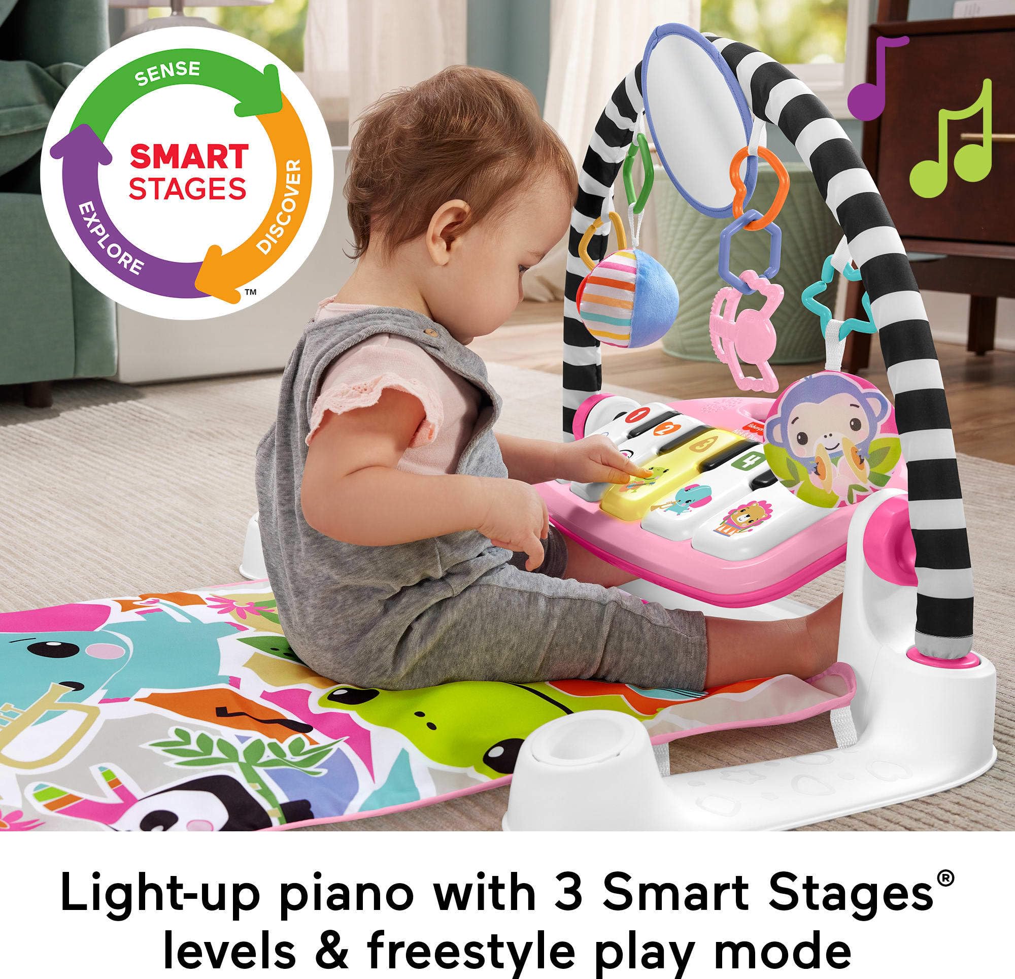 Fisher-Price Baby Playmat Glow and Grow Kick & Play Piano Gym, Pink Musical Learning Toy with Developmental Activities for Newborns 0+ Months