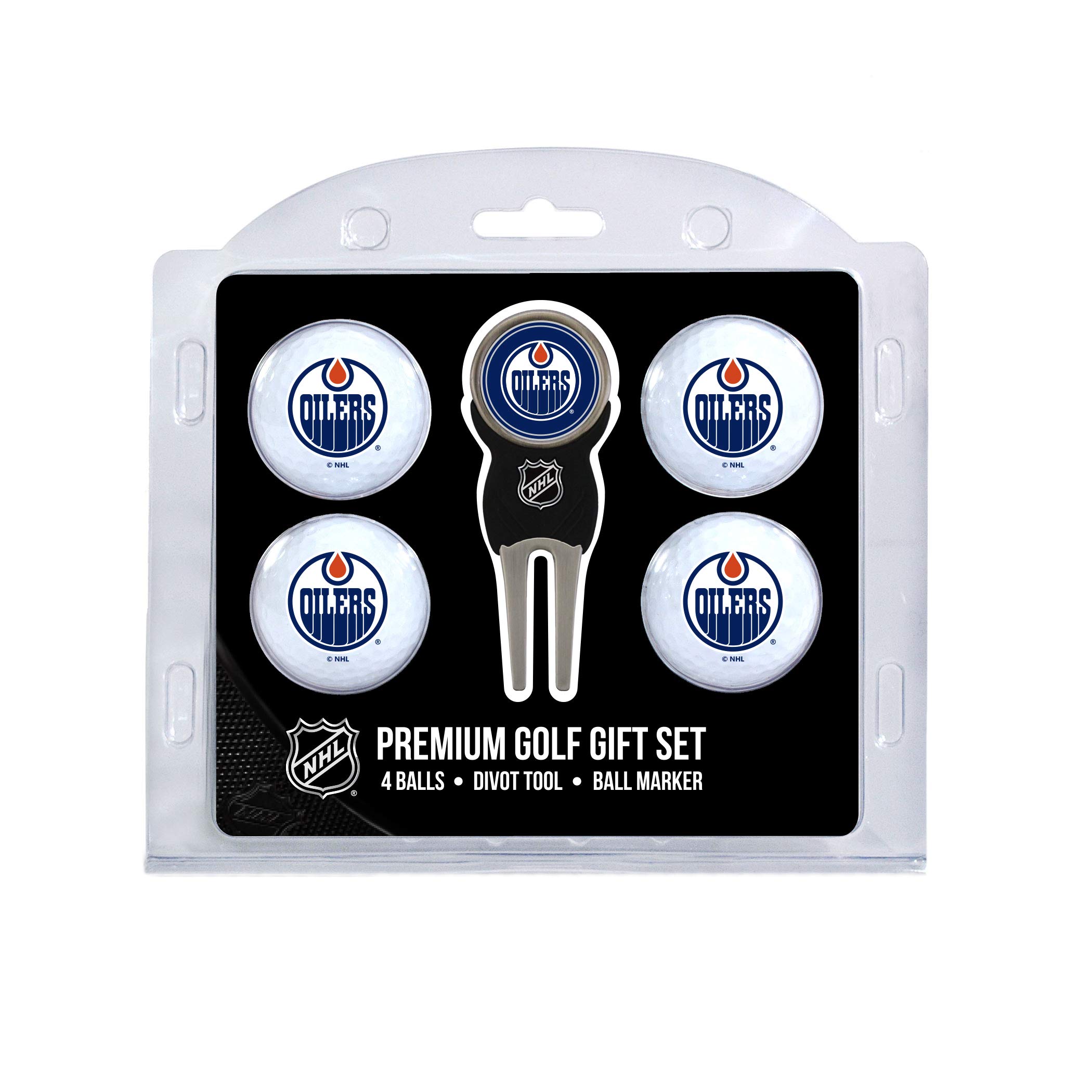 Team Golf NHL Edmonton Oilers 4 Golf Ball And Divot Tool Set Regulation Size Golf Balls (4 Count) & Divot Tool with Removable Double-Sided Magnetic Marker