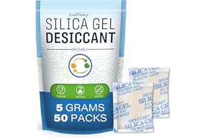 LotFancy 5 Gram (50 Pack) Silica Gel Packets, Color Indicating Desiccant - Rechargeable Moisture Absorbers for Food Storage, Electronics, 3D Filament & Safes