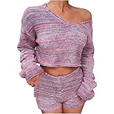 MakeMeChic Women's 2 Piece Fall Outfits Striped Long Sleeve V Neck Sweater and Star Print Shorts Y2K Set