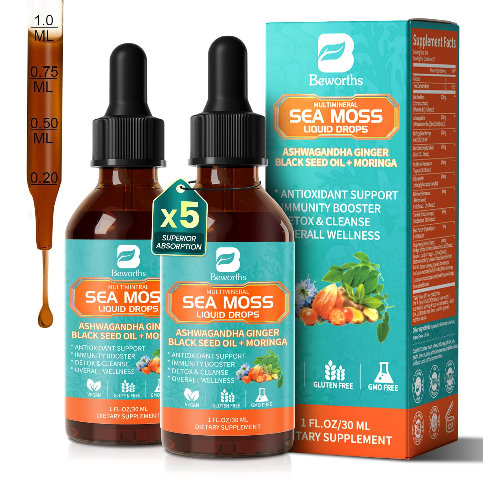 2PACK Sea Moss Drops - Irish Sea Moss Chlorophyll Liquid with Black Seed Oil, Ashwagandha, Moringa, Turmeric, Elderberry, Mullein, Seamoss Gel Supplement for Lung Cleaner, Detox & Gut, Immune Support