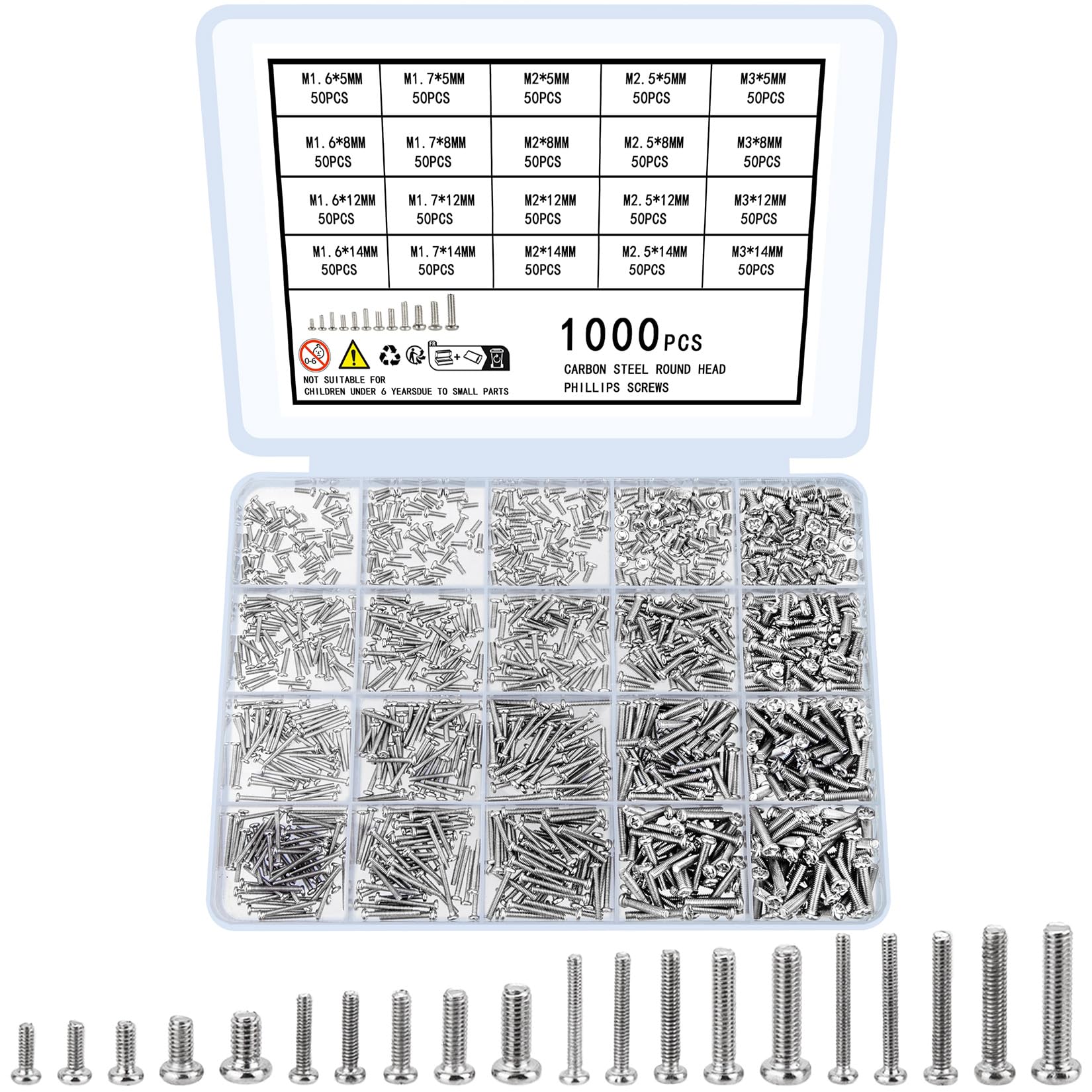 woshilaoDS 1000 Pcs Micro Repair Screws, Tiny Small Screws Set, Pan Head Round Head Mini Machine Screw Kit for Sunglasses Computer Electronic Spectacle, M1.6 M1.7 M2 M2.5 M3
