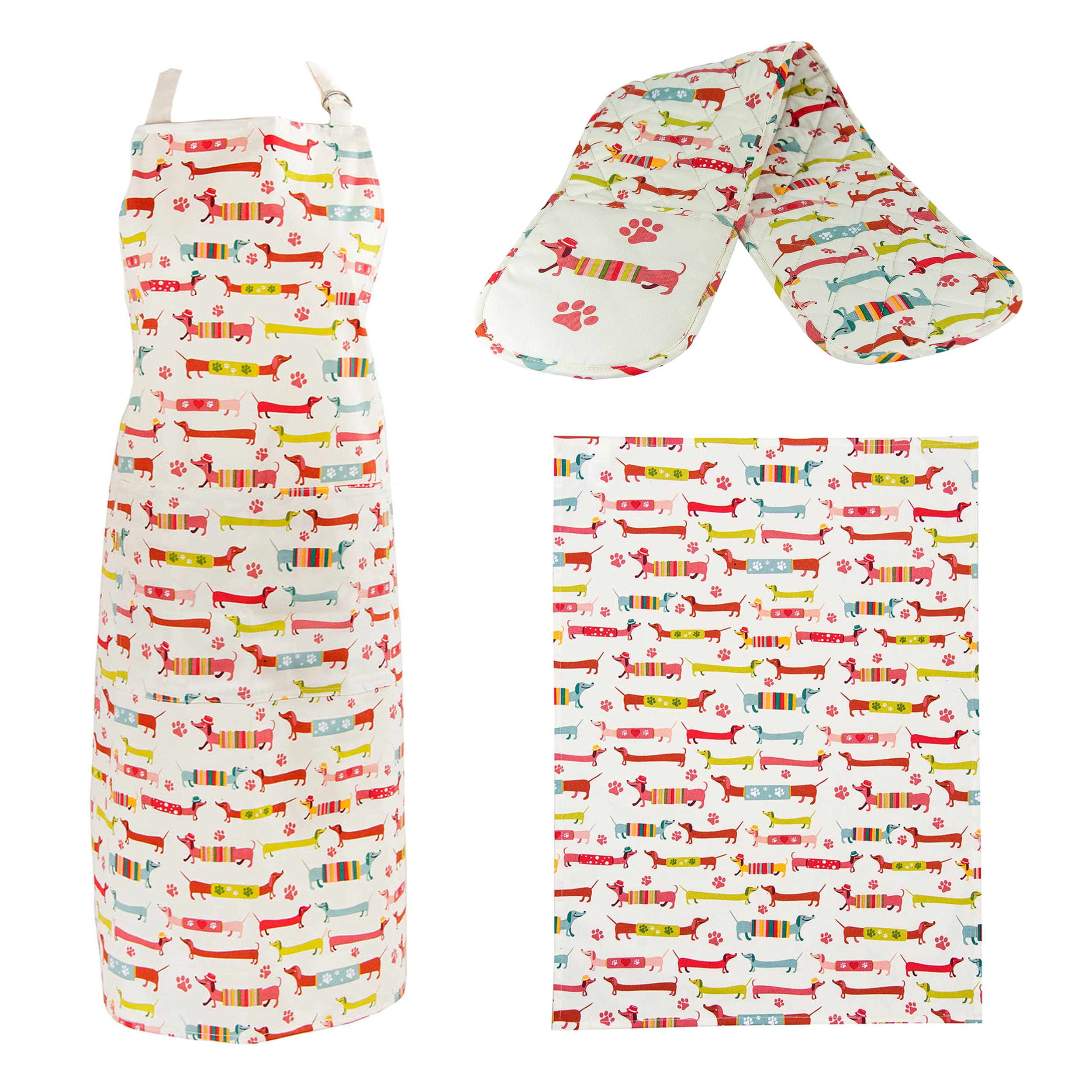 SPOTTED DOG GIFT COMPANY 3 Piece Kitchen Textiles Set - Dachshund Apron, Double Oven Gloves & Tea Towel, 100% Cotton Cute Animal Themed Kitchen Accessories for Cooking Baking, Sausage Dog Gifts