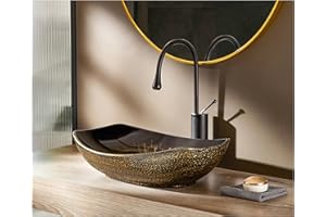 MEJE 22x16-Inch Oval Bathroom Vessel Sink, Antique Pattern Design, Above Counter Porcelain Ceramic Vessel Vanity Sink, Art Basin,Vintage Gold