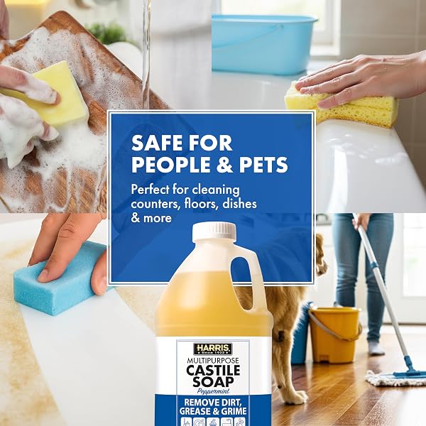 HARRIS MULTI-PURPOSE PURE LIQUID CASTILE SOAP FOR HOME CLEANING, MULTI-PURPOSE CLEANER, FOR DISH SOAP, LAUNDRY DETERGENT, KITCHEN AND BATHROOM SURFACES, KIDS ROOMS, SCENTED WITH PEPPERMINT OIL, 64 OZ