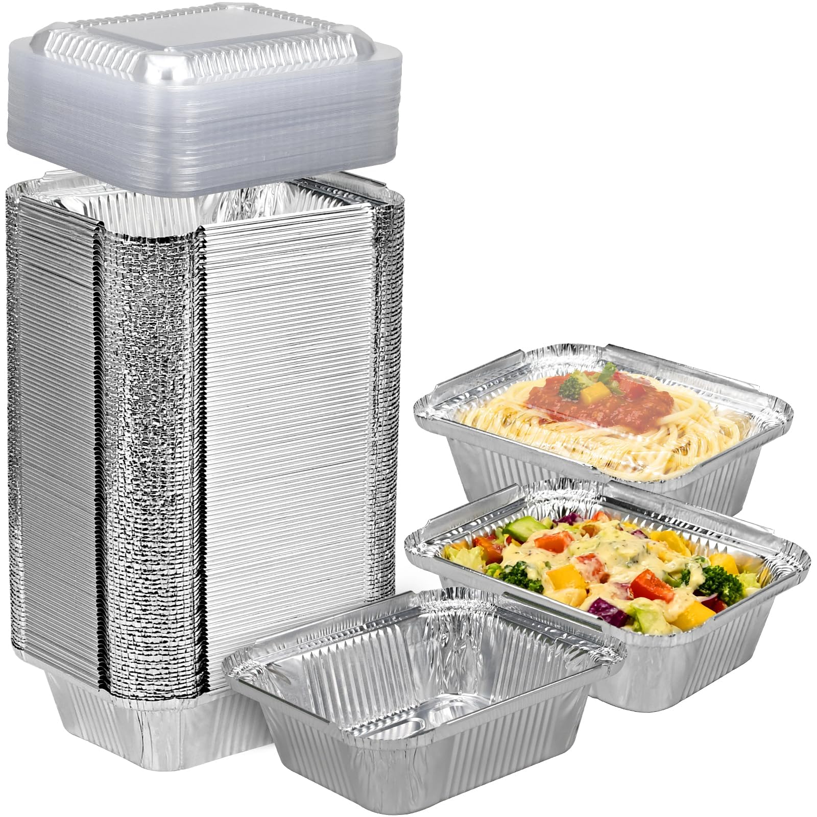 Photo 1 of 1 Lb Small Disposable Aluminum Pans with Plastic Lids(100 Pack-5"×4") 16 oz Capacity Mini Tin Foil Pans with Lids,Take Out Food Containers Trays for Catering, Meal Prep,Baking,Roasting,Freezer Safe