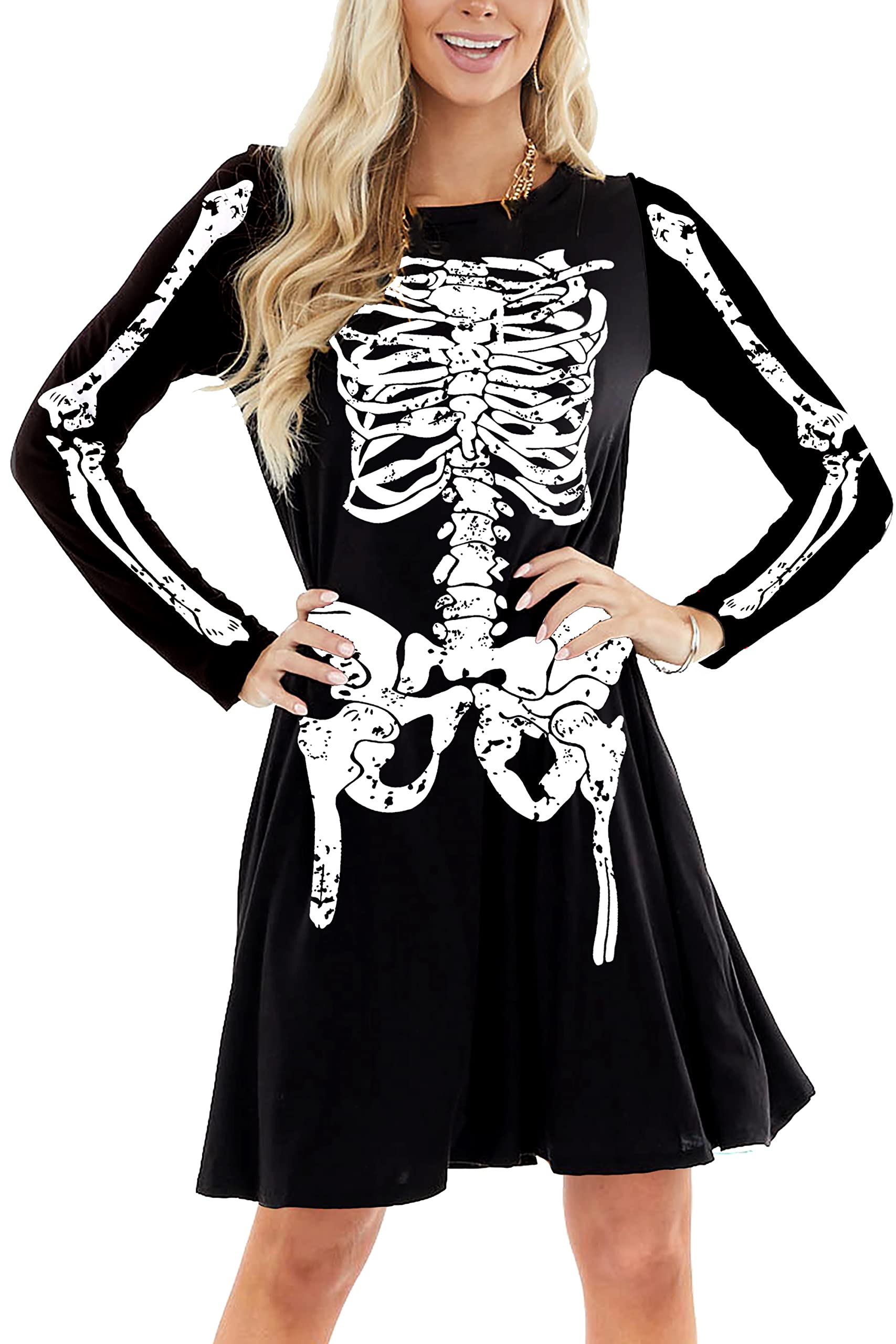 Photo 1 of Skeleton Dress for Women Holiday A-Line Long Sleeve Halloween Outfits Dresses M