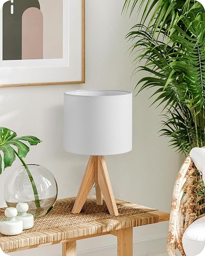 EDISHINE 36cm Wooden Tripod Table Lamp with White Linen Shade E27 Base