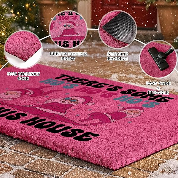 LANPN CHRISTMAS WELCOME NATURAL COIR DOOR MAT, SANTA LARGE COCO FRONT DOOR OUTDOOR DOORMAT OUTSIDE ENTRANCE PORCH NON SLIP RUBBER RUG WINTER XMAS FARMHOUSE DECOR (PINK, 36X24 INCH)