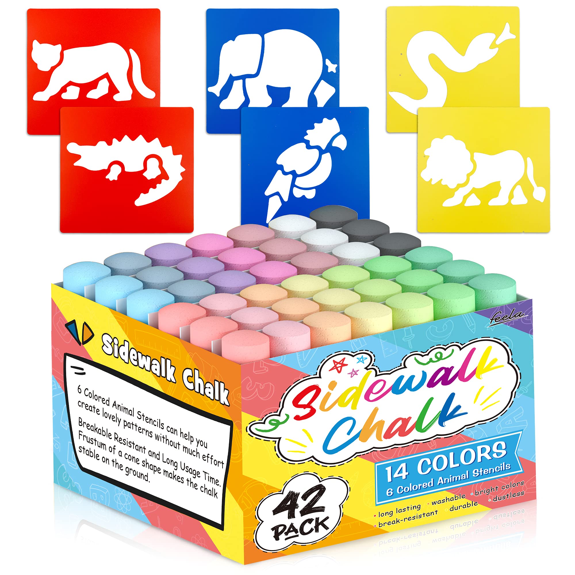 feela 42 Pack Jumbo Chalks for Children, 14 Coloured Sidewalk Chalks for Kids Toddlers, Pavement Outdoor Chalk Set for Painting on Sidewalk School Chalkboard Blackboard Street Playground
