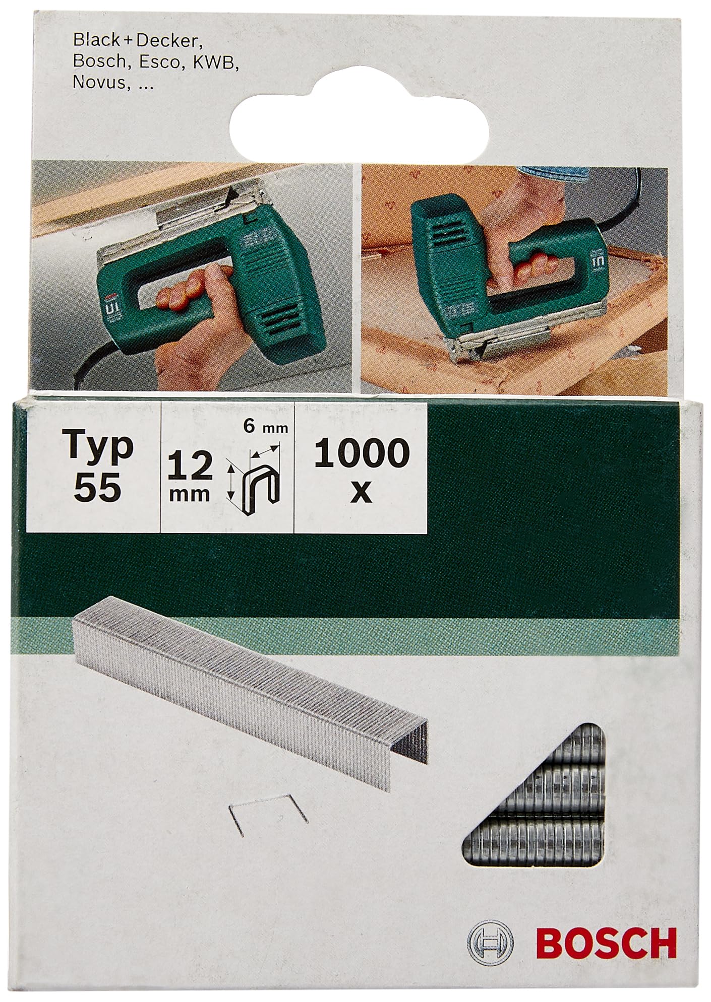 Bosch 1000x Narrow Crown Staples Type 55 (Textiles, Carpet, Acoustic panels, Lawn carpet, 6 x 1.08 x 12 mm, Accessories Tacker, Staple Gun)