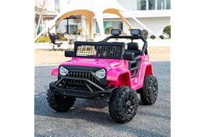 RJV 12V 7AH Kids Ride-On Truck Jeep, Electric Car with Parent Remote Control, Spring Suspension, LED Lights, Bluetooth, Music, Pink