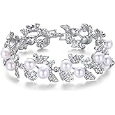 EVER FAITH Bridal Silver-Tone Simulated Pearl Flower Leaf Clear Austrian Crystal Bracelet
