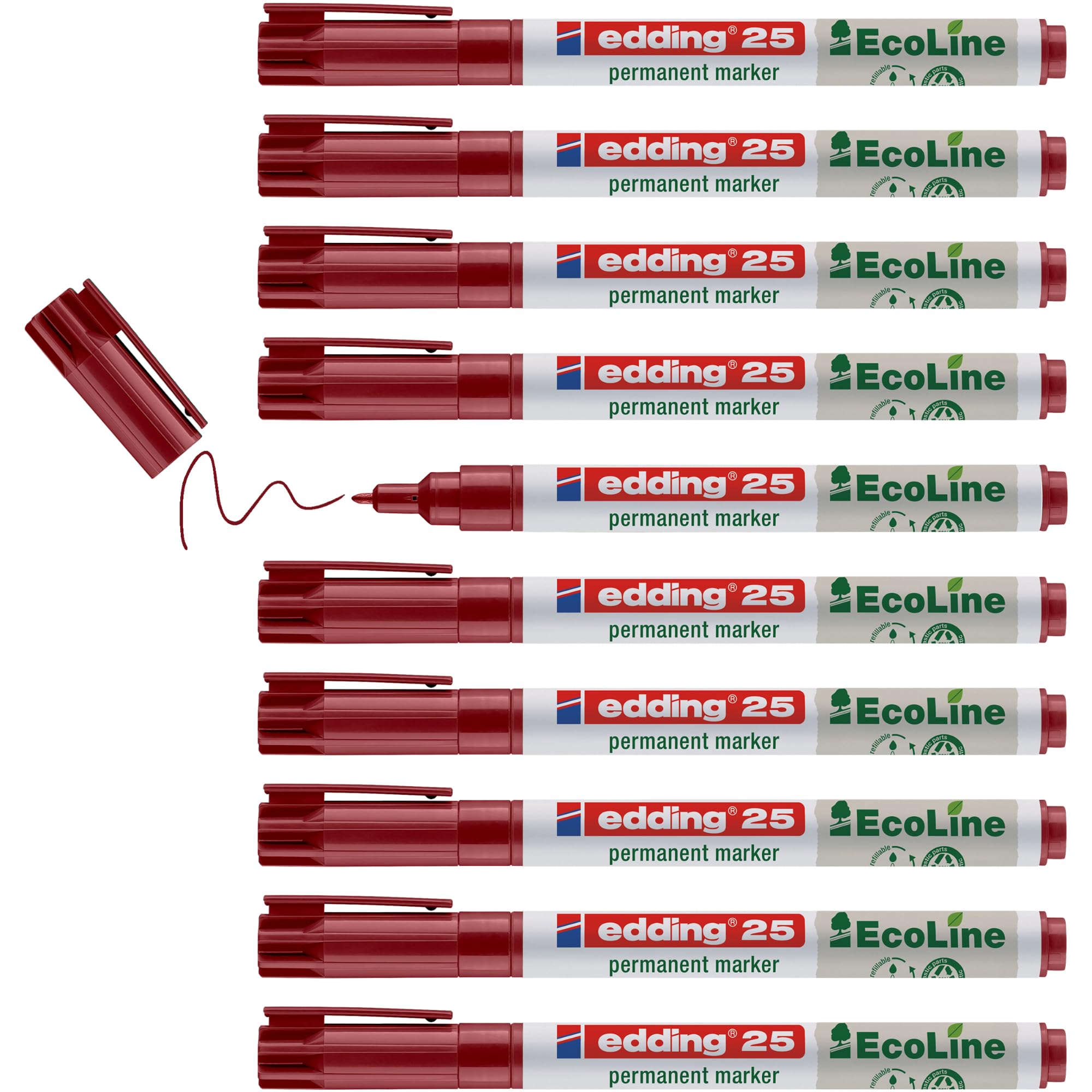 edding 25 Ecoline permanent marker - red - box of 10 - round tip 1 mm - waterproof, quick-drying, smear-proof pens - for cardboard, plastic, glass, wood, metal and fabric - refillable