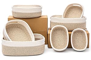 HLWDFLZ 7 Piece Cotton Rope Woven Basket Set - Small Basket for Baby Nursery, Pets, Montessori, Dog & Cat Toy Boxes, Bathroom Organization Bins (White/Brown)