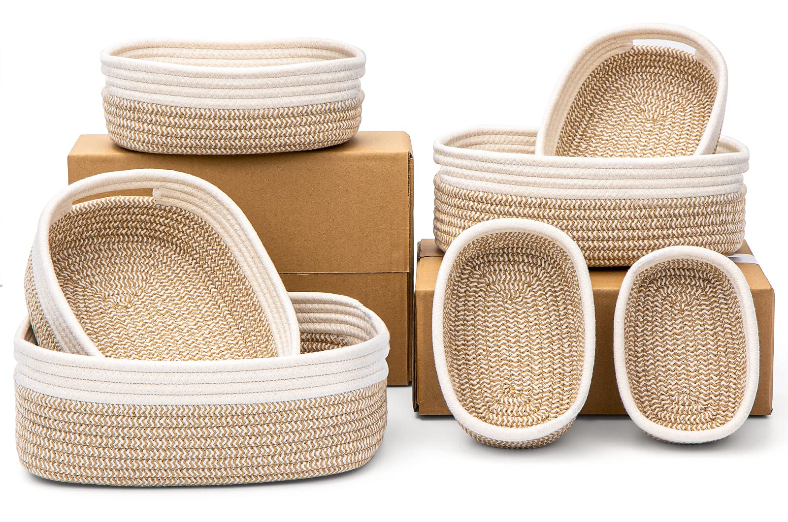 Photo 1 of HLWDFLZ 7 Piece Cotton Rope Woven Basket Set - Small Basket for Baby Nursery, Pets, Montessori, Dog & Cat Toy Boxes, Bathroom Organization Bins (White/Brown)