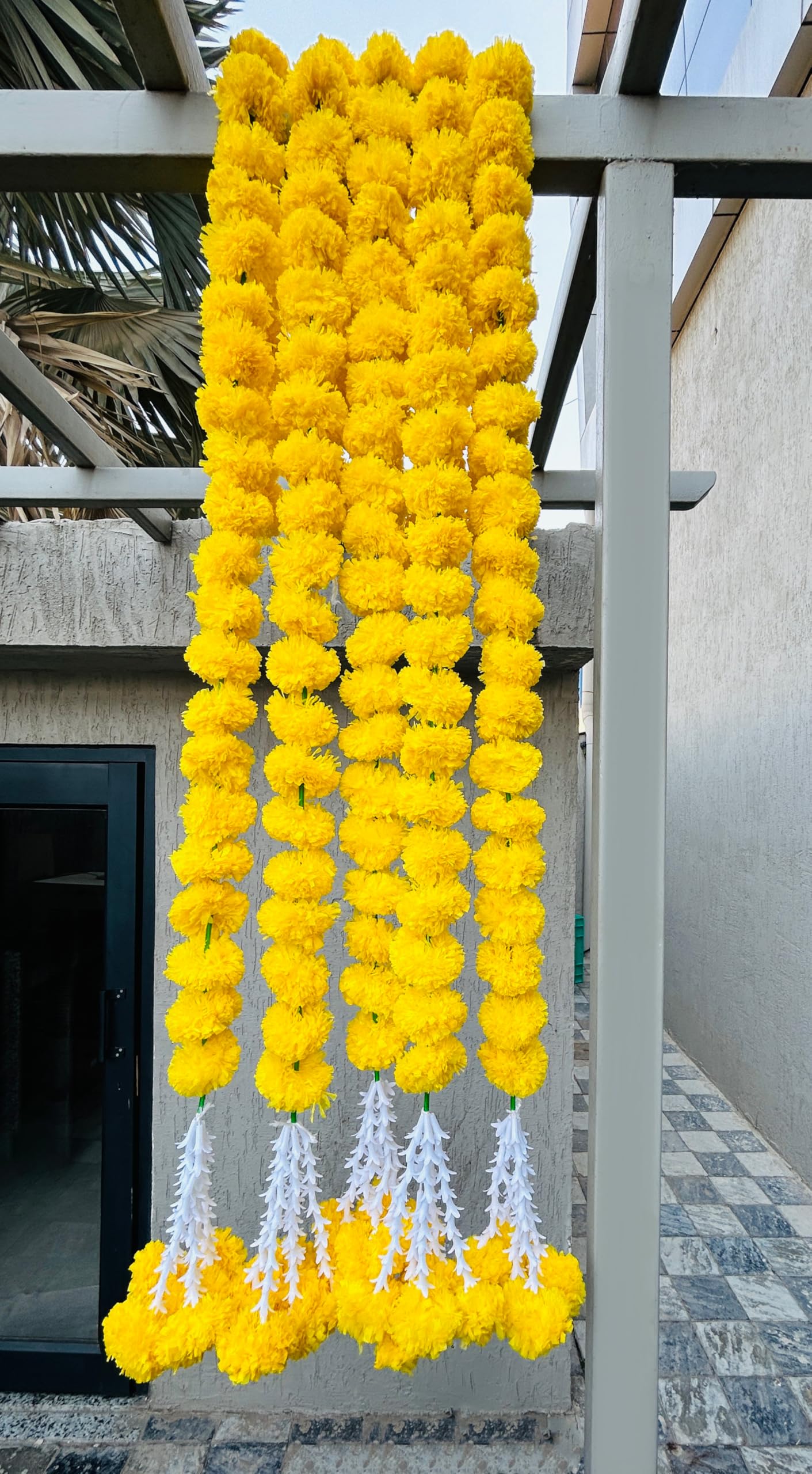 THE ART BOX Marigold Garland Diwali Decorations Wedding Decorations Artificial Flowers Fake Flowers Fall Garland Christmas Decor Flower Garland Strands, Pack Of 5 Pcs - 5 Feet Each, Yellow