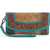 Montana West Wristlet Wallets for Women Western Floral Tooled Cowhide Wallets Large Capacity Trifold Wallet with ID Window