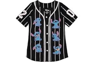 Disney Women’s Lilo & Stitch Baseball Jersey – Classic Mesh Button-Up Shirt, Cute Hawaiian Graphic Top, Black, Medium
