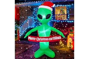 JOYEASE 6 FT Christmas Inflatable Alien with Merry Christmas Earthlings Banner Decorations LED Lighted Xmas Blow Up for Party Indoor Outdoor Garden Yard Decor