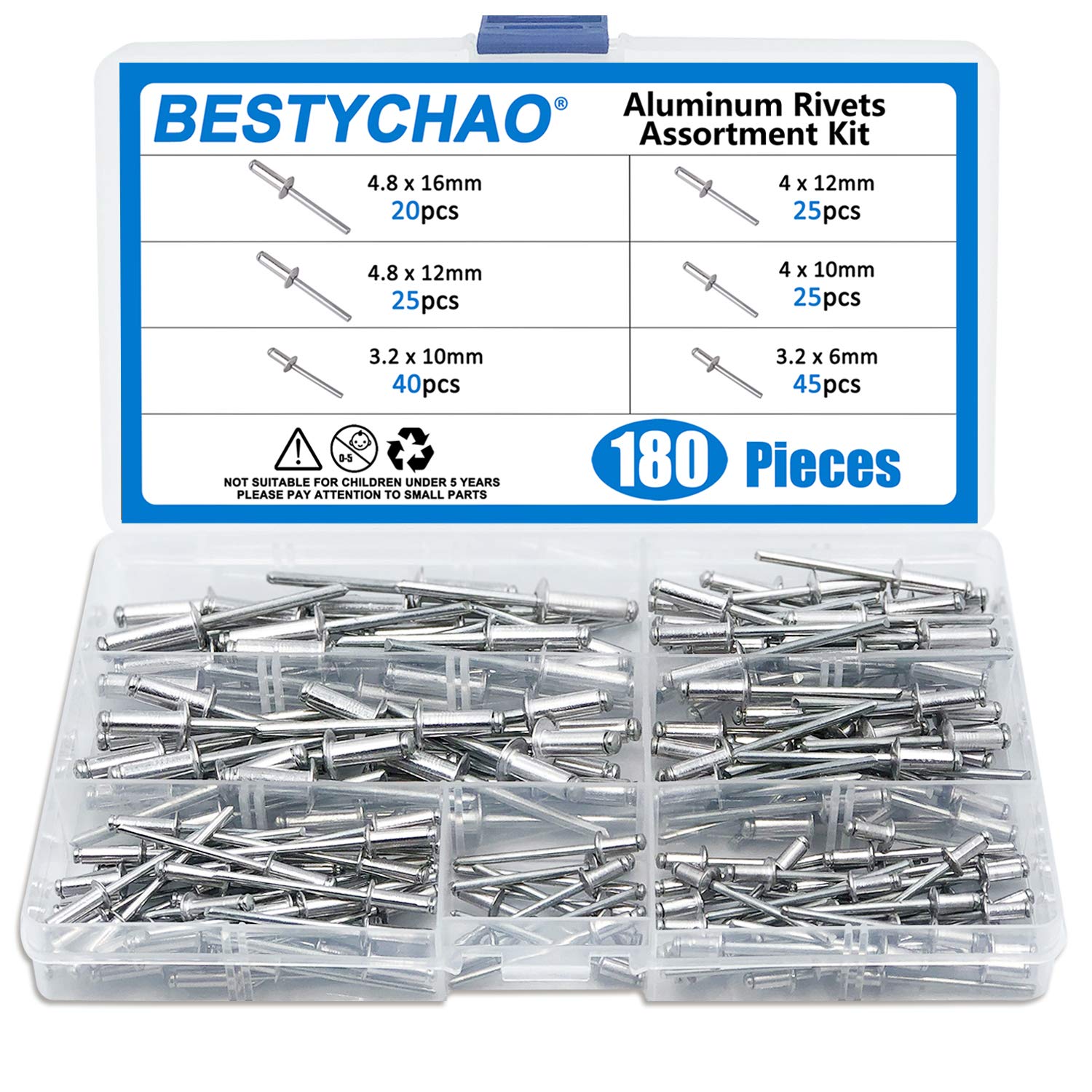 BESTYCHAO 180pcs 6 Sizes Aluminum Blind Rivets, Pop Rivets Assortment Kit (Silver) — image 1