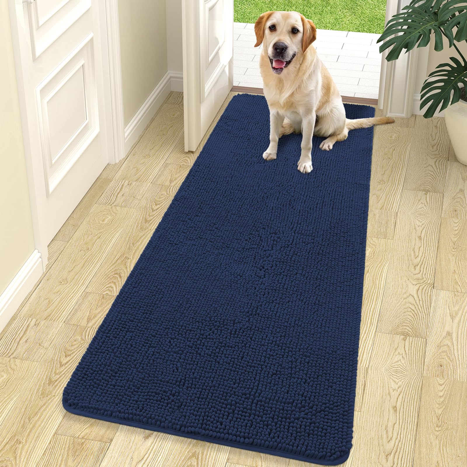 OLANLY Dog Door Mat for Muddy Paws 70x24, Absorbs Moisture and Dirt, Absorbent Non-Slip Washable Doormat, Quick Dry Chenille Mud Mat for Dogs, Entry Indoor Entryway Carpet for Inside Floor, Dark Blue Image