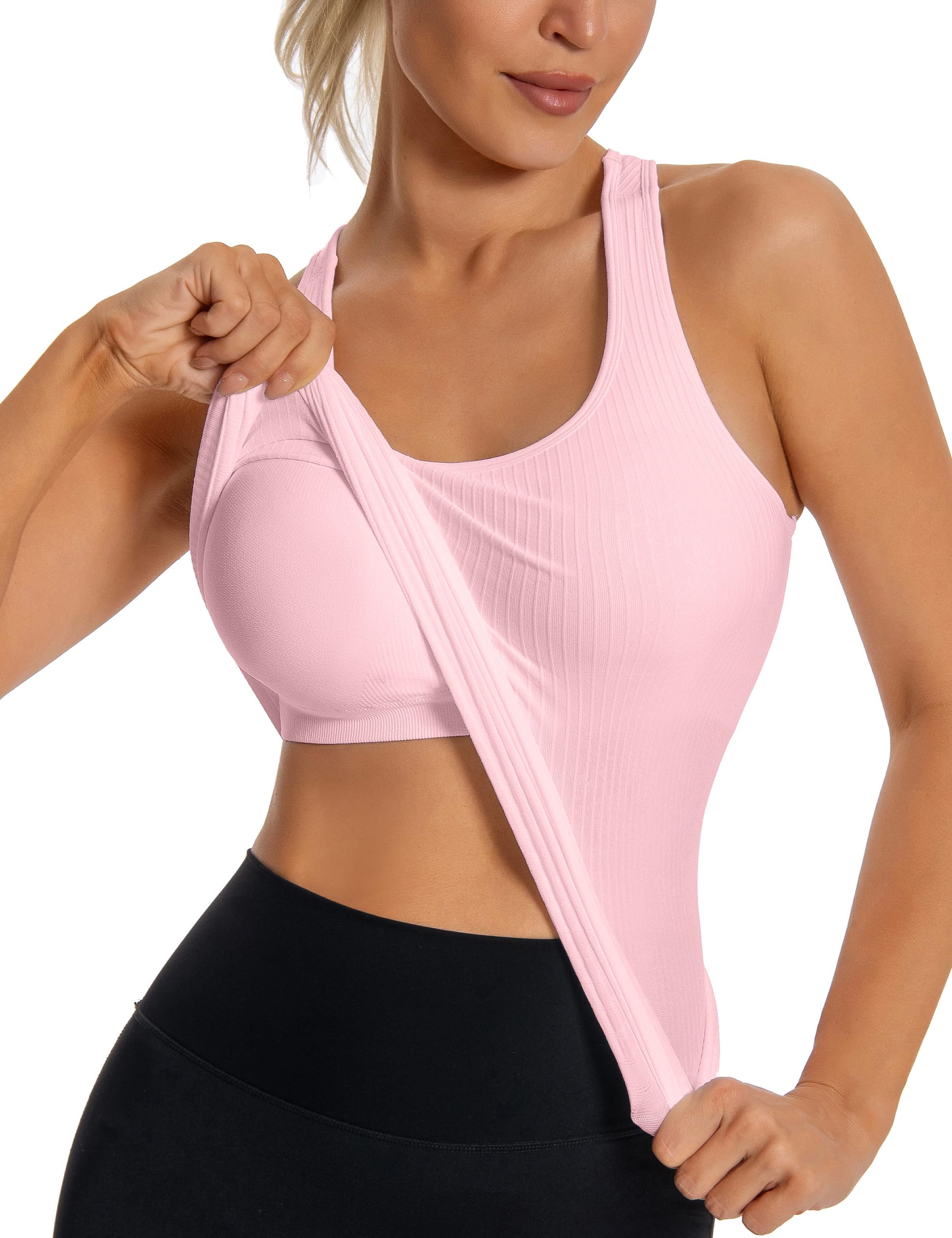 Photo 1 of MathCat Seamless Workout Tank Top for Women with Built in Bra, Padded Racerback Athletic Yoga Camisole, Sleeveless Gym Shirts Light Pink