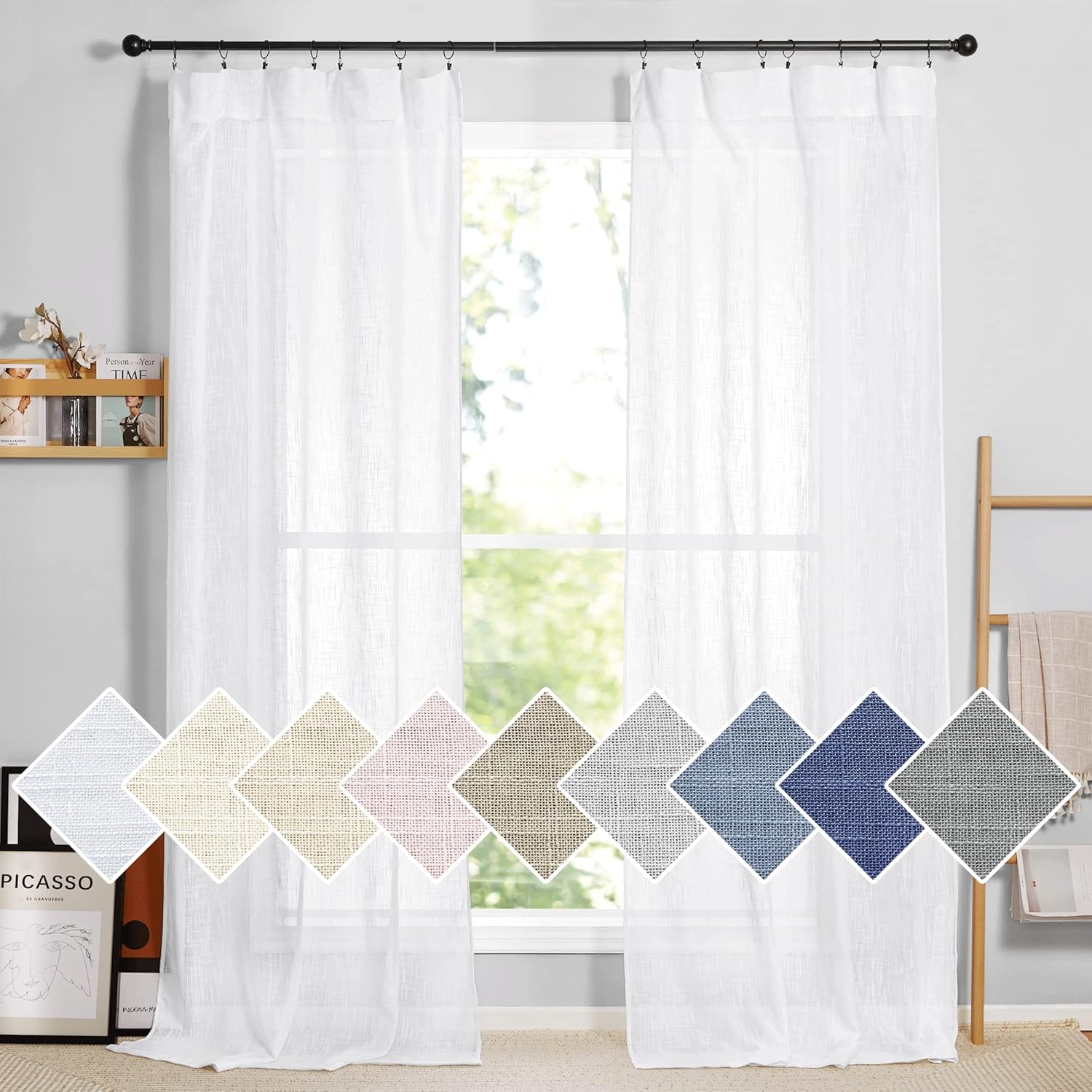 Window Treatments - RYB HOME White Curtains Linen Textured Sheer Light Filtering Semi Sheer Curtains 84 inches Long Half Privacy Window Drapes for Living Room Dining, Length 84 by Width 52 inch, 2 Panels Set