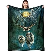 Wolf Blanket for Kids 50"x 60", Dark Green Forest Mountain Eagle Throw Blanket, Wolf Gifts for Women Men, Soft Cozy Lightweight Flannel Throws Blankets for Couch Bed Sofa Chair Decor