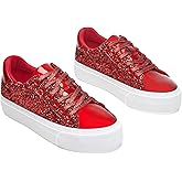 AISFAES Women Glitter Platform Sneakers Sparkly Lace-Up Chunky Sneakers Fashion Low-Top Tennis Shoes Comfortable Metallic Sequin Walking Shoes