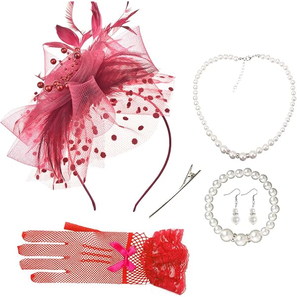 Healvian Red Fascinator Hat Set – Mesh Veil, Pearl Necklace  display picture 1