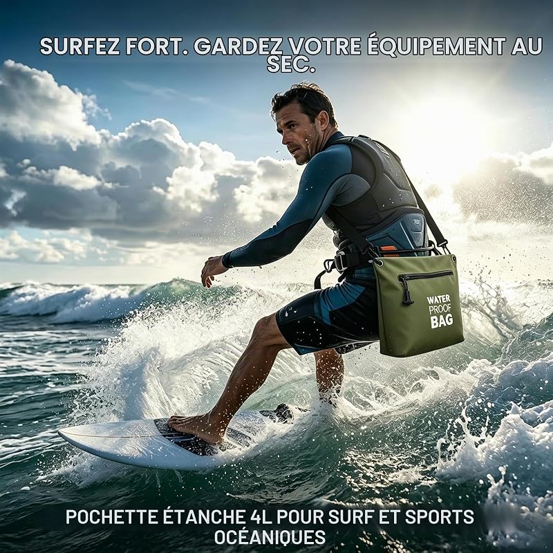 Sac Étanche Bandoulière avec Fermeture Zippée Hermétique, Sac Dry Bag Léger avec Sangle Réglable pour Plage, Natation, Voyage et Usage Quotidien (Vert armée)