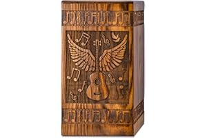 INTAJ Handcrafted Wooden Cremation Urn for Human Ashes - Guitar Wings of Angel with Musical Notes, 250lbs Capacity - Suitable for Burial for Men, Women, Mom, Dad - Decorative Funeral Urn Box and Casket