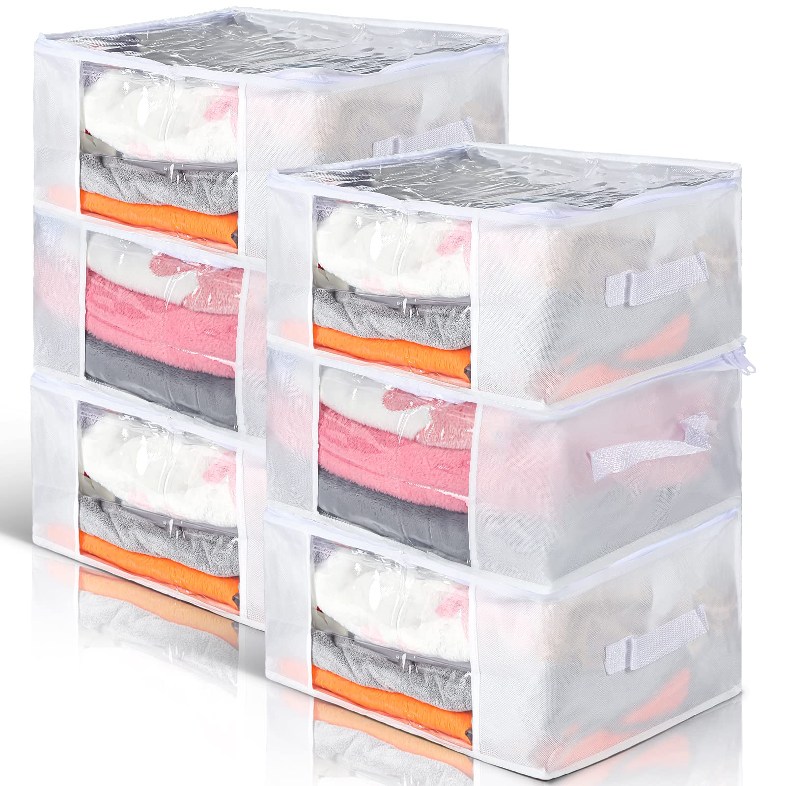 Photo 1 of 6 Pcs Clear Storage Bags Zippered Plastic Clothes Containers Case Fabric Blanket Organizer Large Storage Bins with Handles for Bedding Sheets Closet Blankets Toys(16 x 12 x 8 Inch,White)