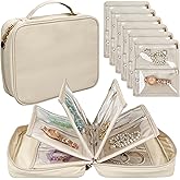 LingLingo Travel Jewelry Organizer Case,Jewelry Bags for Traveling, Jewelry Binder with 24 Pcs Clear Zipper Velvet Pouches for Storing Earrings, Rings, Necklace, Bracelet, Watch (Beige)