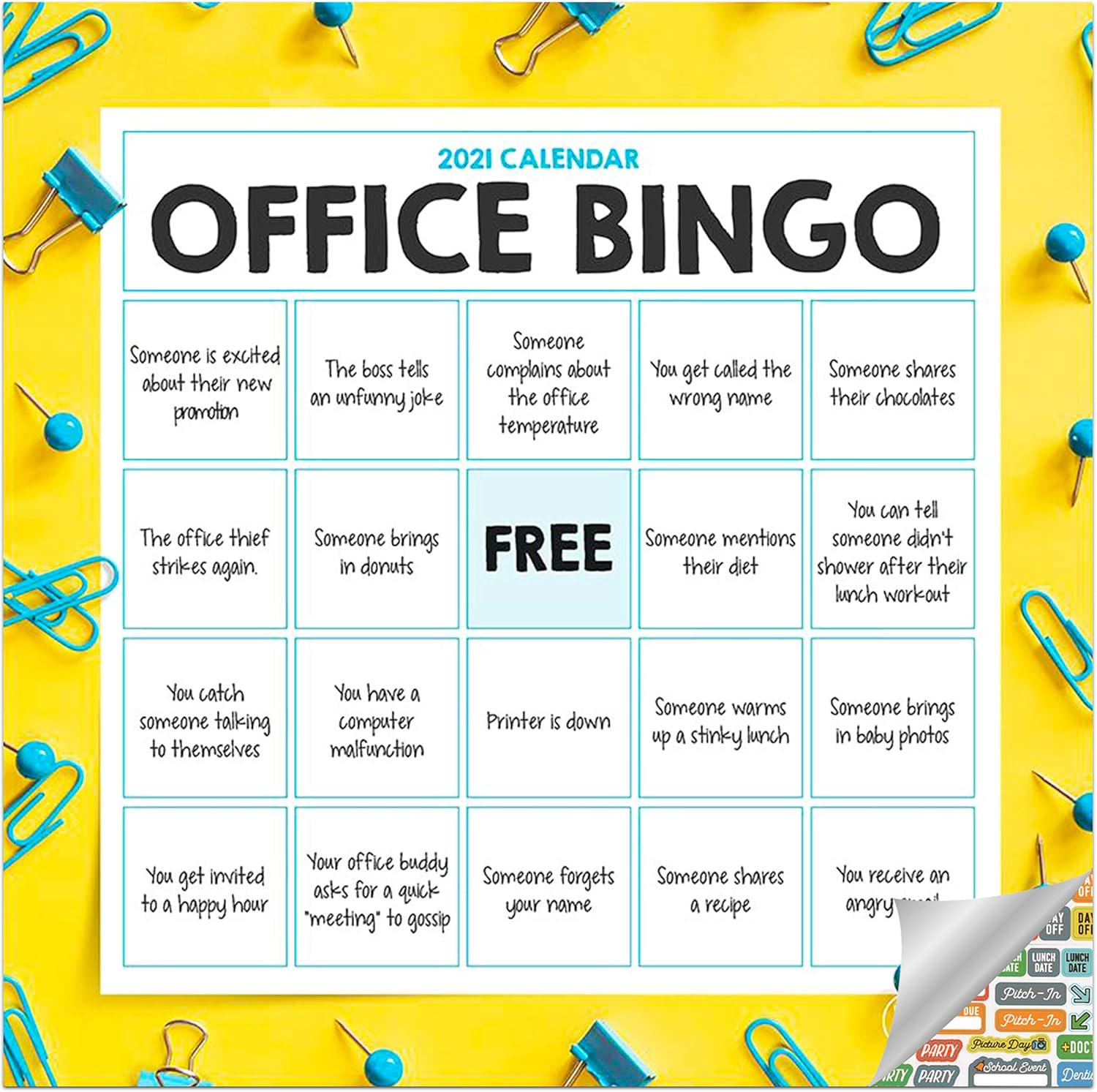 Office Bingo Calendar 2021 Bundle - Deluxe 2021 Office Bingo Mini Calendar with Over 100 Calendar Stickers (Office Humor Gifts, Office Supplies)