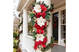 PURECOSY 36 Inch Pre-Lit Christmas Teardrop Swag with White Magnolia, Red Bow,Berries, and Winter Pine， Artificial Greenery Stairway Swag for Front Door, Porch,Indoor Outdoor and Holiday Decor