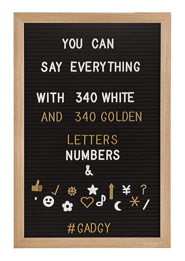 Gadgy ® Letter Board Holz und Filz 30x45 cm | Buchstaben Tafel Buchstabenbrett Rillentafel | Mit 680 Weiße und Goldfarbige Bu