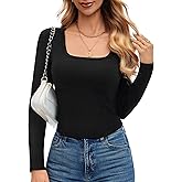 BESTPOEM Womens Long Sleeve Square Neck Crop Tops Tight Fitted Cotton Seamed Cup Curved Hem Cropped T Shirts