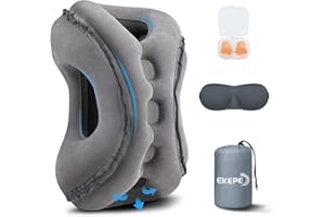 EKEPE Inflatable Travel Pillow, Inflatable Neck Pillow for Airplane Travel Sleeping, Airplane Pillow for Neck and Shoulder Pain with Eye Mask/Earplugs/Carry Bag - Grey