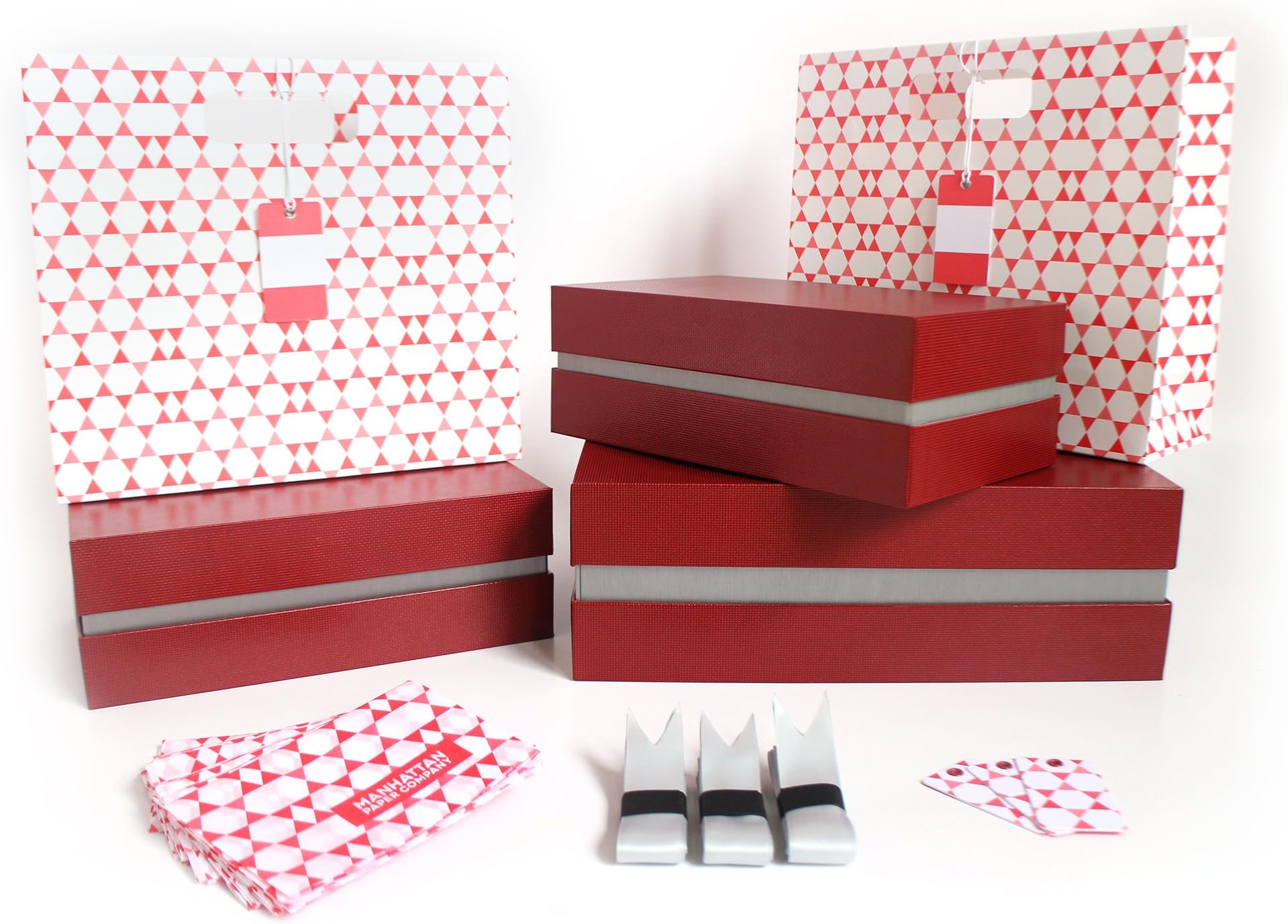 Five Piece Gift Wrapping Box Set | 1 Large Box & 2 Med Boxes & 2 Bags | Large: 12.5x10.5x3.75 in | Medium: 10.5x6.5x3.25 in (Miami Silver)